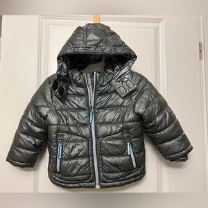 Boden Metallic Gray Hooded, Full Zip Puffer Jacket - Size 3-4 Years (104) (VGUC)